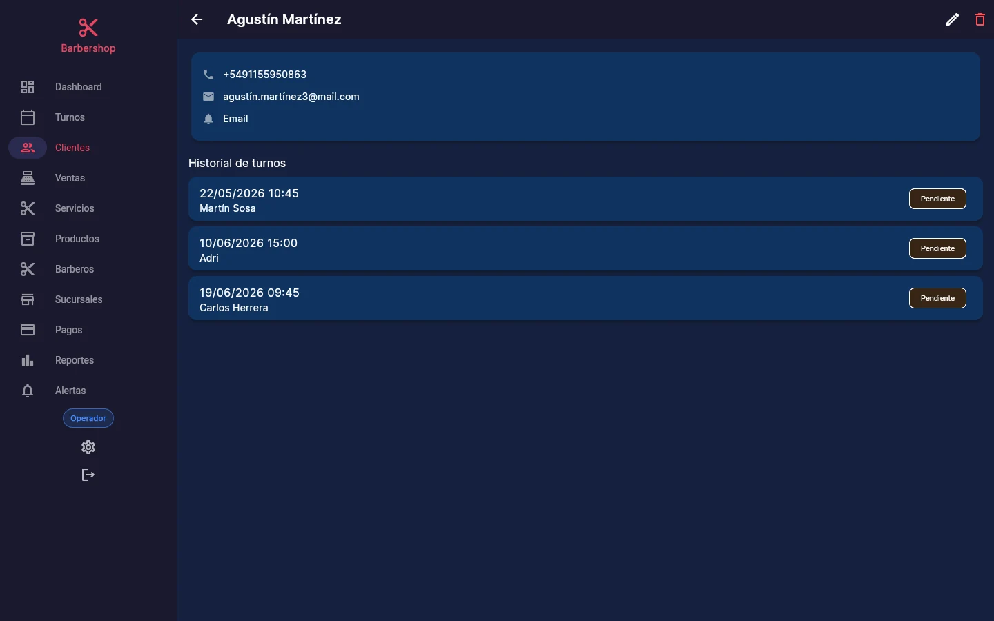 Ficha de cliente de SE-AR Manager con datos de contacto e historial de turnos