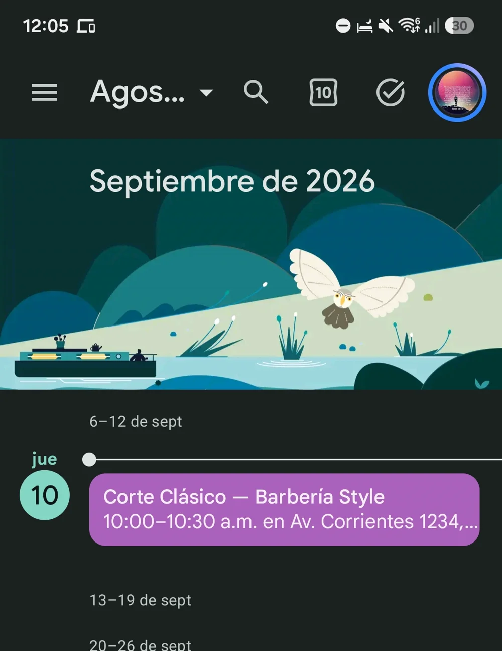 Turno de barbería en Google Calendar, dentro del calendario propio que crea SE-AR Manager, con el servicio, el horario y la dirección del local