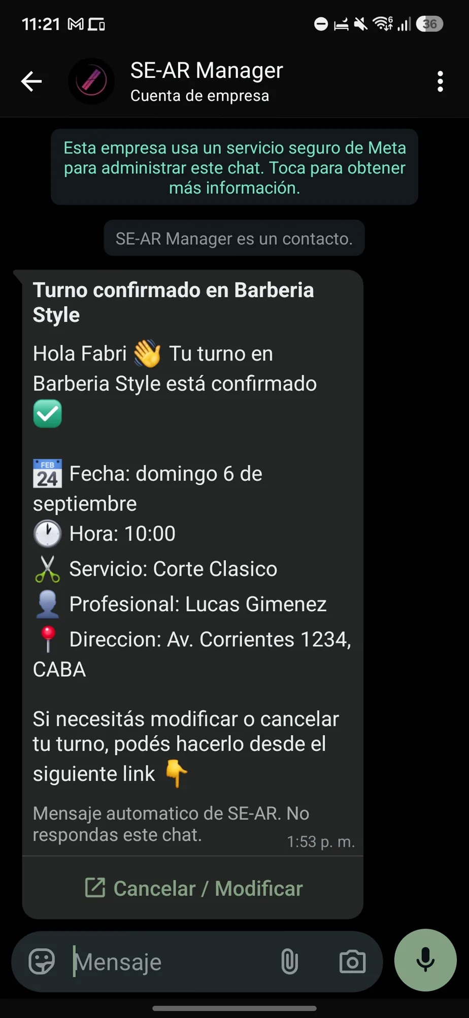 Mensaje de confirmación de turno recibido en WhatsApp desde la cuenta de empresa de SE-AR Manager